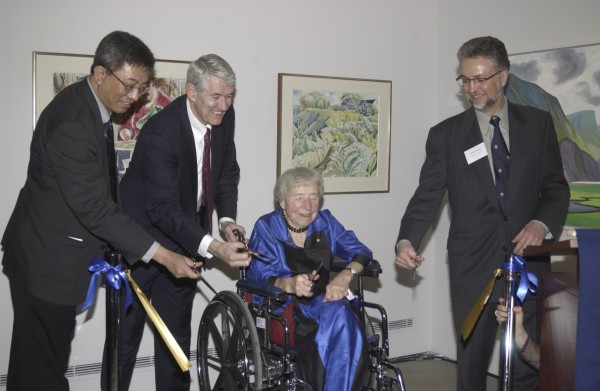 Doris McCarthy cutting the ribbon to the DMG at the opening reception, March 2004