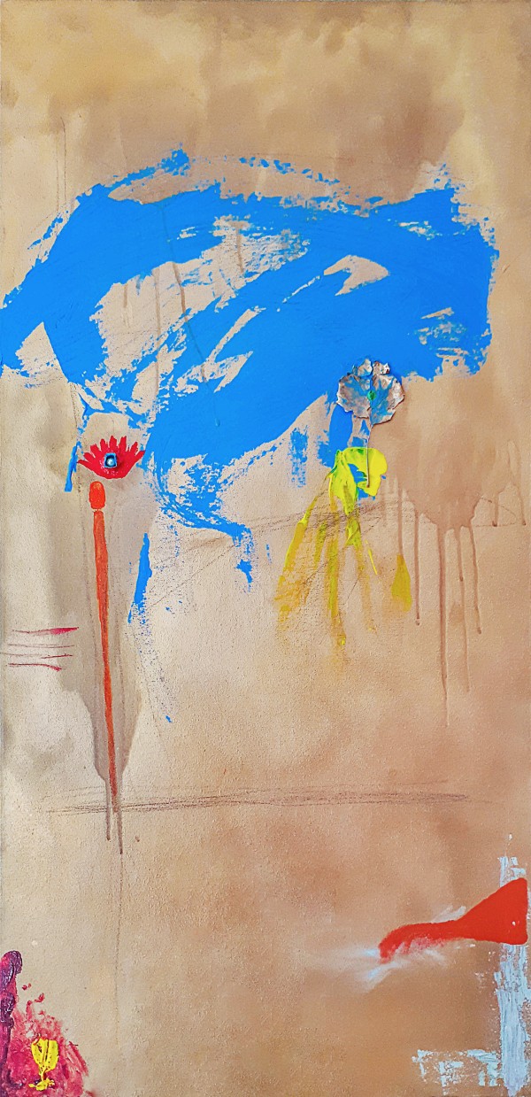 <span class='caption-artist'>Sara Prisma Williston</span>, <span class='caption-title'>In Search of Resolution</span>, <span class='caption-year'>2020</span>, <span class='caption-dimensions'>Image Description: The soft golden brown background of this painting shimmers in the light, while a large swoosh of deep sky blue bursts at the top half of the canvas.   At the bottom left of this wide gestural sweep is a red eye shape with a blue tunnel of dried paint, which encases an iridescent faux pearl.   On the right side under the blue stroke is a small autumn leaf that could be perceived as a second eye. Painted gold with blue splashes, it has a grass green center.  Slightly under this leaf is a bold primary yellow spot which smears down, becoming a translucent overlay that could be interpreted as tears.  There is a sketched line extending horizontally just past the middle of the canvas. Some may see this as an expressionless, blank mouth expression with a slightly sad curve.  This piece redirects the viewer upwards, visually displaying an uplifting flow of hope in the future after resolution.</span>