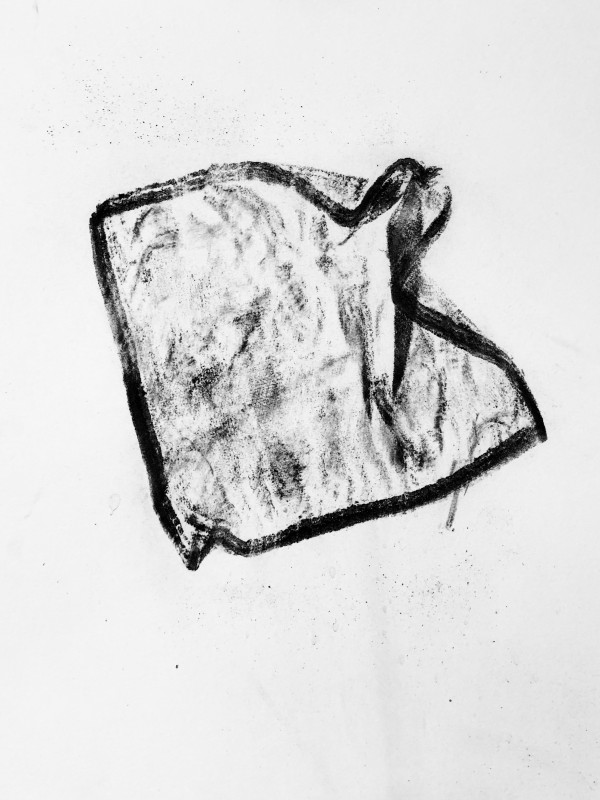 Dana Prieto, detail, que allá en el horno we are going to find, 2023, kitchen cloths, stoneware ceramics, bone black pigment, acid free cotton paper, brass rods