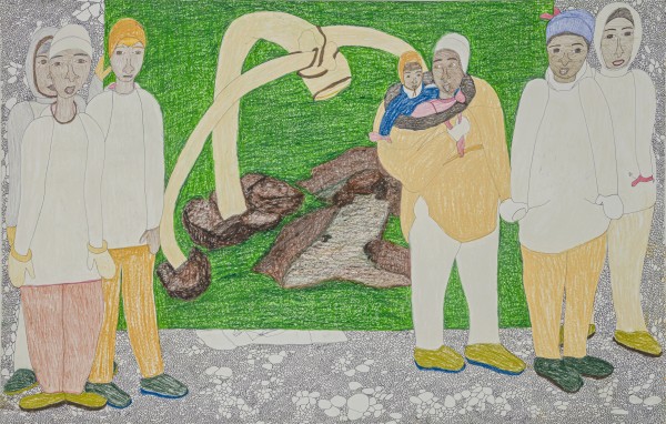 Shuvinai Ashoona, Composition (Showing Drawing of Bones), 2020, coloured pencil, ink, and pastel, 81.3 x 127.3 cm                     ᓱᕕᓇᐃ ᐊᓲᓇ, ᑎᑎᕋᐅᔭᖅᓯᒪᔪᖅ (ᓴᕿᔮᖅᑎᑦᑎᓂᖅ ᑎᑎᕋᐅᔭᖅᓯᒪᔪᑦ ᓴᐅᓃᑦ), 2020, ᑕᖅᓴᓖᑦ ᑎᑎᕋᐅᑎᓪᓚᑖᑦ ᐊᒻᒪᓗ ᐃᒪᓕᖕᒧᑦ ᑎᑎᕋᐅᑎ, ᐸᓂᖅᑐᑦ ᑕᖅᓯᓲᑎᑦ 81.3 x 127.3 ᓯᓐᑕᒦᑕᔅ