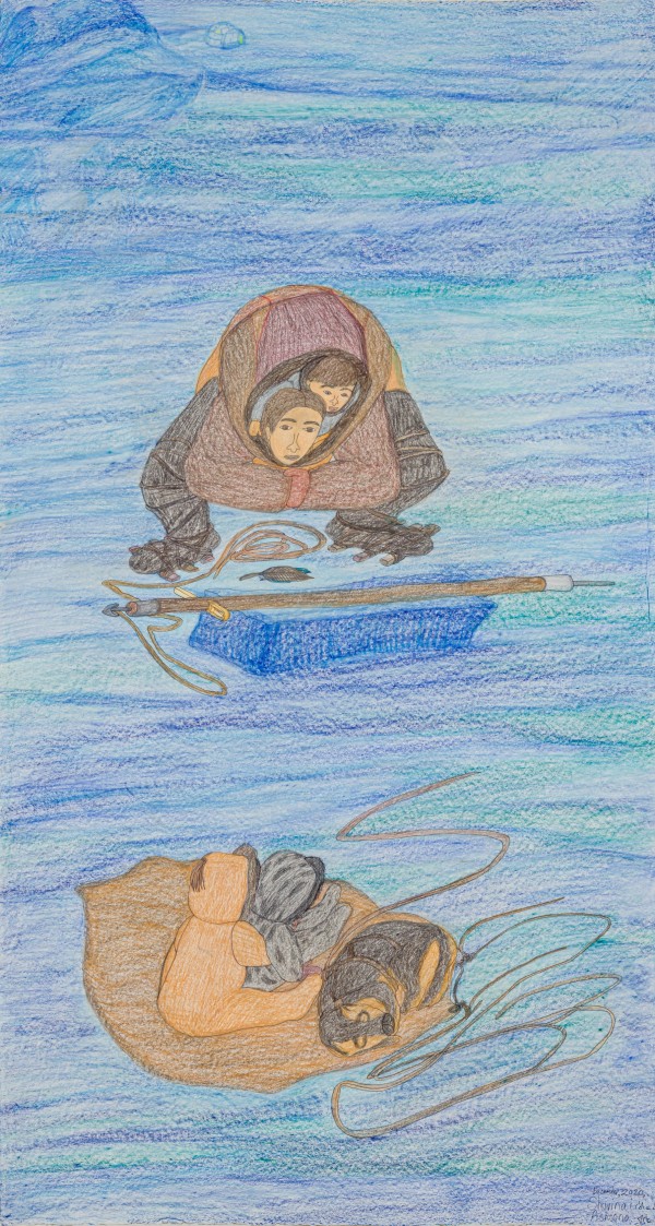 Shuvinai Ashoona, Composition (Family Ice Fishing), 2020, coloured pencil and ink, 127 x 69.2 cm   ᓱᕕᓇᐃ ᐊᓲᓇ, ᑎᑎᕋᐅᔭᖅᓯᒪᔪᖅ (ᐃᖃᓗᒐᓱᒃᑐᑦ ᓯᑯᒥ), 2020, ᑕᖅᓴᓖᑦ ᑎᑎᕋᐅᑎᓪᓚᑖᑦ ᐊᒻᒪᓗ ᐃᒪᓕᑦ ᑎᑎᕋᐅᑎᑦ, 127 x 69.2 ᓯᓐᑕᒦᑕᔅ