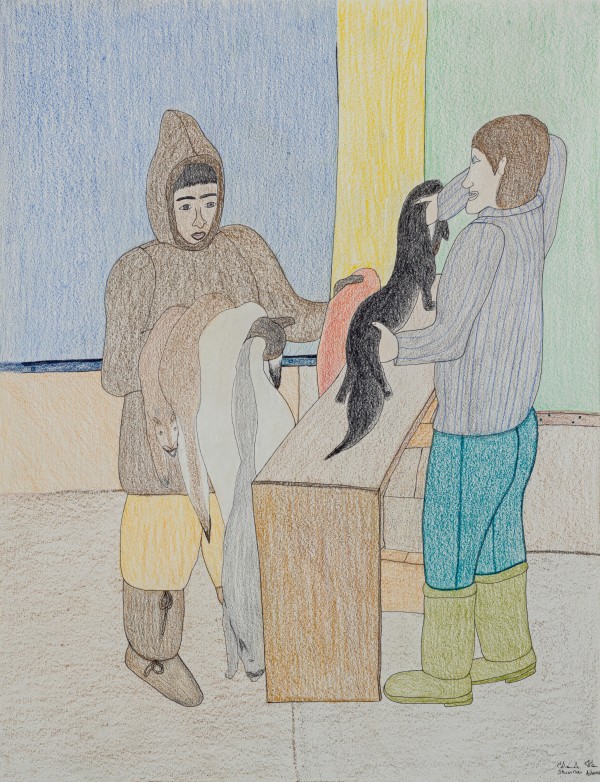 Shuvinai Ashoona, Selling Furs, 2019, coloured pencil and ink, 75.9 x 57.8 cm  ᓱᕕᓇᐃ ᐊᓲᓇ, ᕿᓰᑦ ᓂᐅᕐᕈᑎᑦ, 2019, ᑕᖅᓴᓖᑦ ᑎᑎᕋᐅᑎᓪᓚᑖᑦ ᐊᒻᒪᓗ ᐃᒪᓕᑦ ᑎᑎᕋᐅᑎᑦ, 75.9 x 57.8 ᓯᓐᑕᒦᑕᔅ