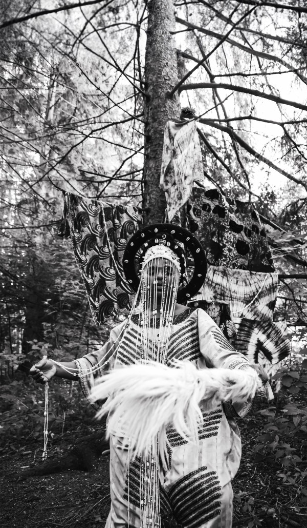 Destinie Adélakun, detail, The Tears of our Mothers Lie in the Ocean, multimedia tryptic including photography, textile, and video, 2023