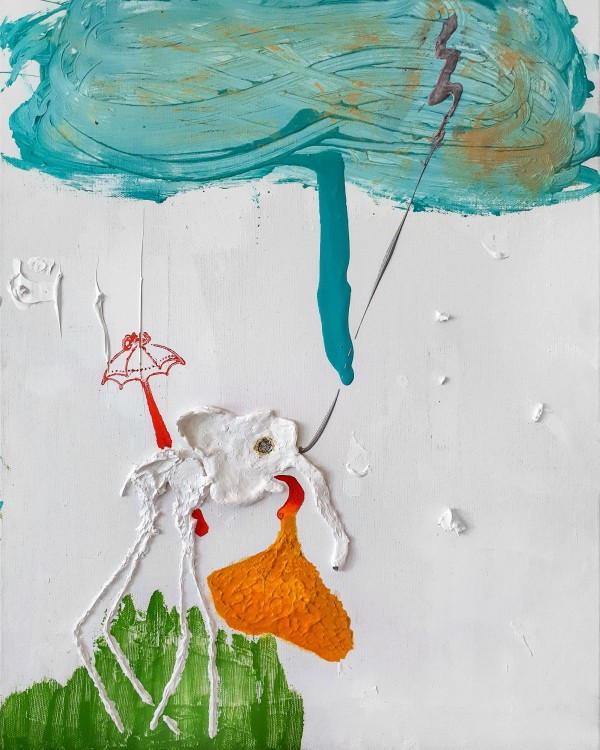 Sara Prisma Williston, And Then It Hits You, 2018 // Image description: Impasto raindrops on a white background set the scene for a protruding elephant rendered in thick paint. It is taking a stroll in a thunderstorm with a red umbrella.   There are teal and gold clouds above in a figure-eight pattern. Coming down from the right side is a burst of metallic silver lighting that hits the creature.   The being has very long and thin legs along with a quaint rump. Its head is unusually big with large pupils that are surrounded in gold. Its thin trunk is wavy and its mouth hangs open.  Out of the mouth is a tongue that spirals at the tip, expelling a rich gradient of red to yellow as it flows downwards.