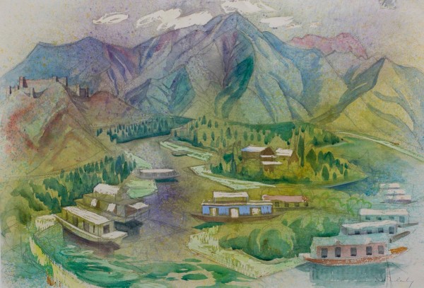 Doris McCarthy, Dhal Lake, Kashmir, 1961. Watercolour on paper, 57.8x 75.6 cm. Collection of the Doris McCarthy Gallery, University of Toronto Scarborough. Gift of Wendy and Dwain Wacko, 2022.