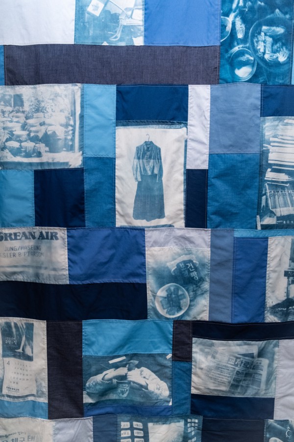 Victoria Haseung Jung, detail, The jogaks I hold, 2024, fabric, cyanotype chemicals, wooden dowel